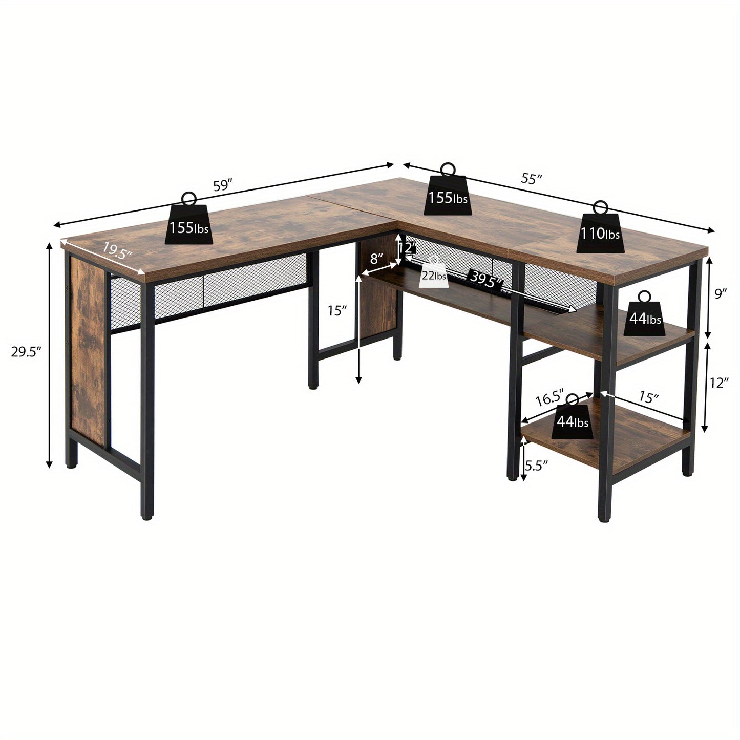 Hoekbureau – L-vormig Bureau – Computerbureau – Bureautafel – Werkplek – Rustiek Bruin – Industrieel Design – 150x140 cm – Met Opbergruimte