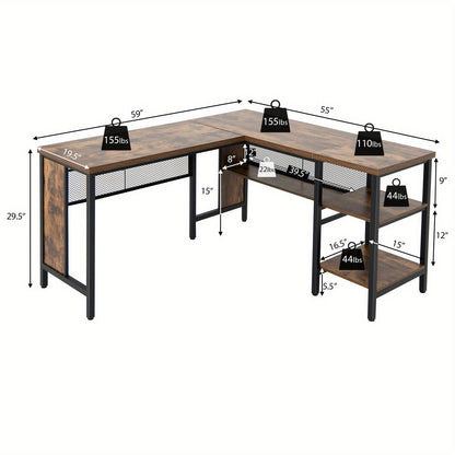 Hoekbureau – L-vormig Bureau – Computerbureau – Bureautafel – Werkplek – Rustiek Bruin – Industrieel Design – 150x140 cm – Met Opbergruimte