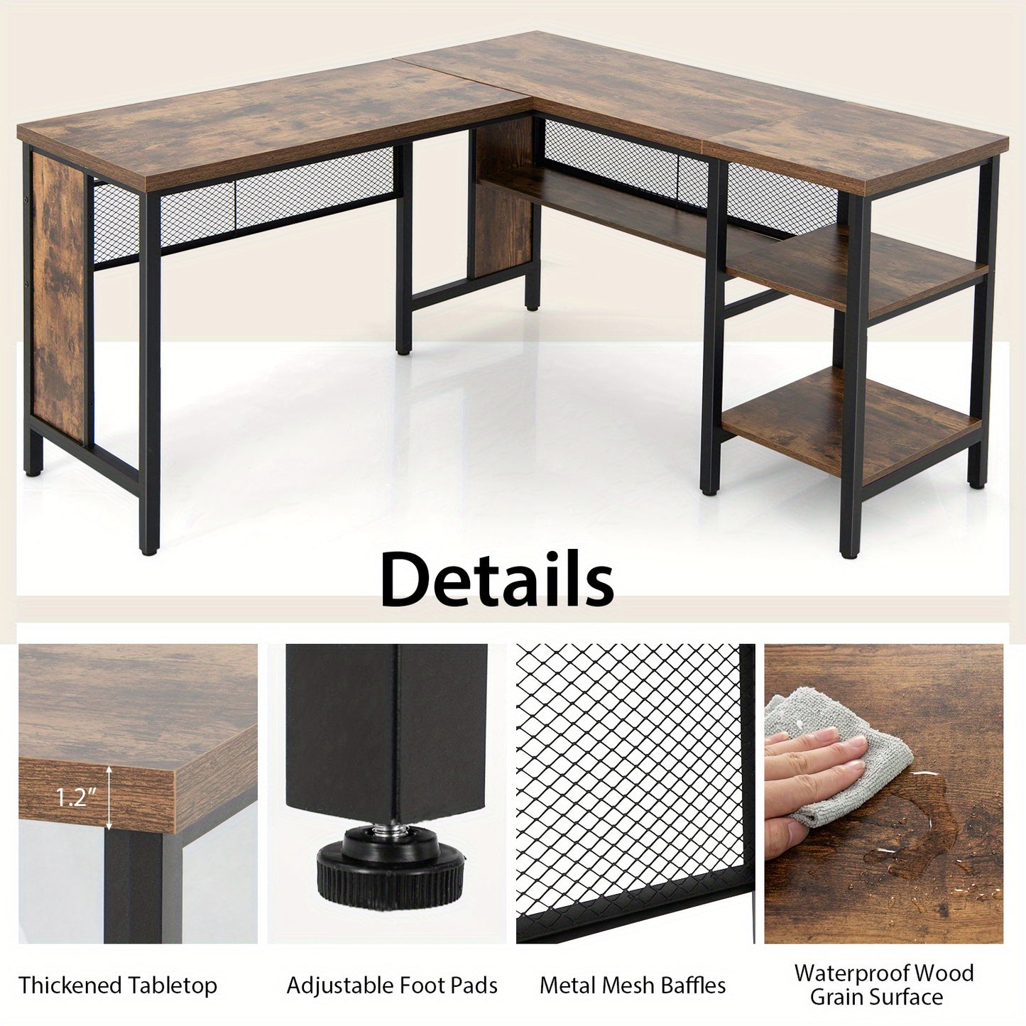 Hoekbureau – L-vormig Bureau – Computerbureau – Bureautafel – Werkplek – Rustiek Bruin – Industrieel Design – 150x140 cm – Met Opbergruimte