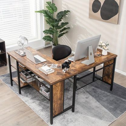Hoekbureau – L-vormig Bureau – Computerbureau – Bureautafel – Werkplek – Rustiek Bruin – Industrieel Design – 150x140 cm – Met Opbergruimte