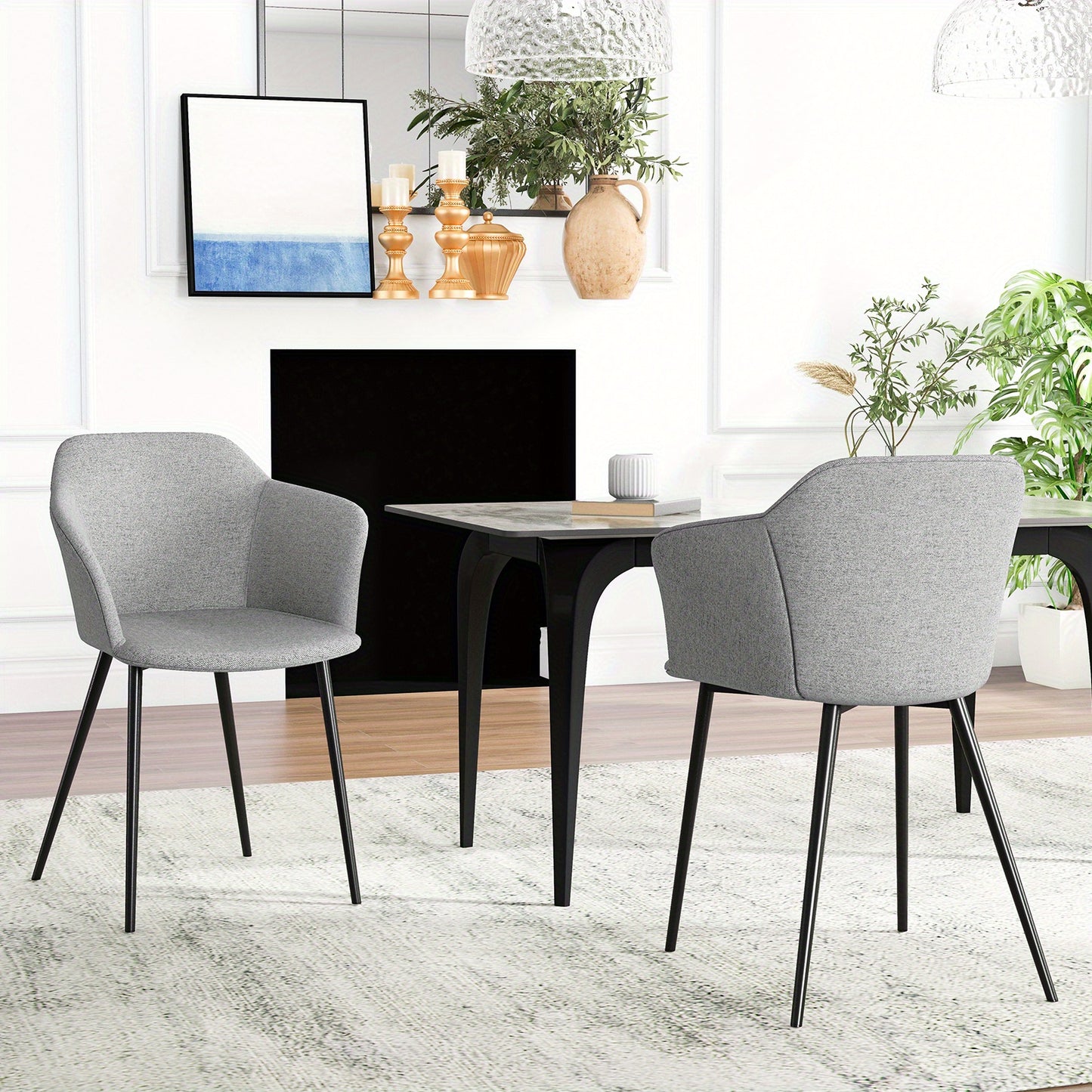 2pcs GOFLAME Contemporary Upholstered Dining Chairs - Metal Frame with Solid Back, Armrest, Sponge Fill, and Polyester Fabric - Easy Wipe Clean, No Assembly Required