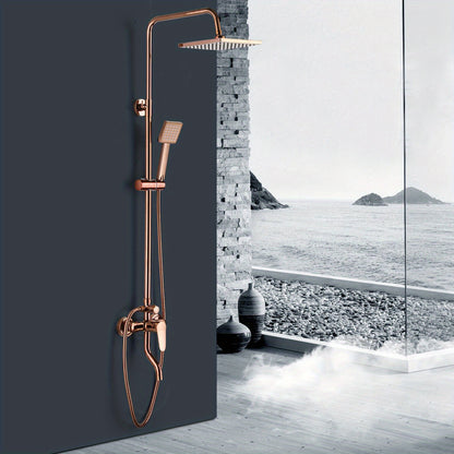 Doucheset – Douche Systeem – Regendouche – Handdouche – Douchekop – Roségoud Design – Vierkante Regendouche 20 cm – Verstelbare Douchepaal 73-120 cm