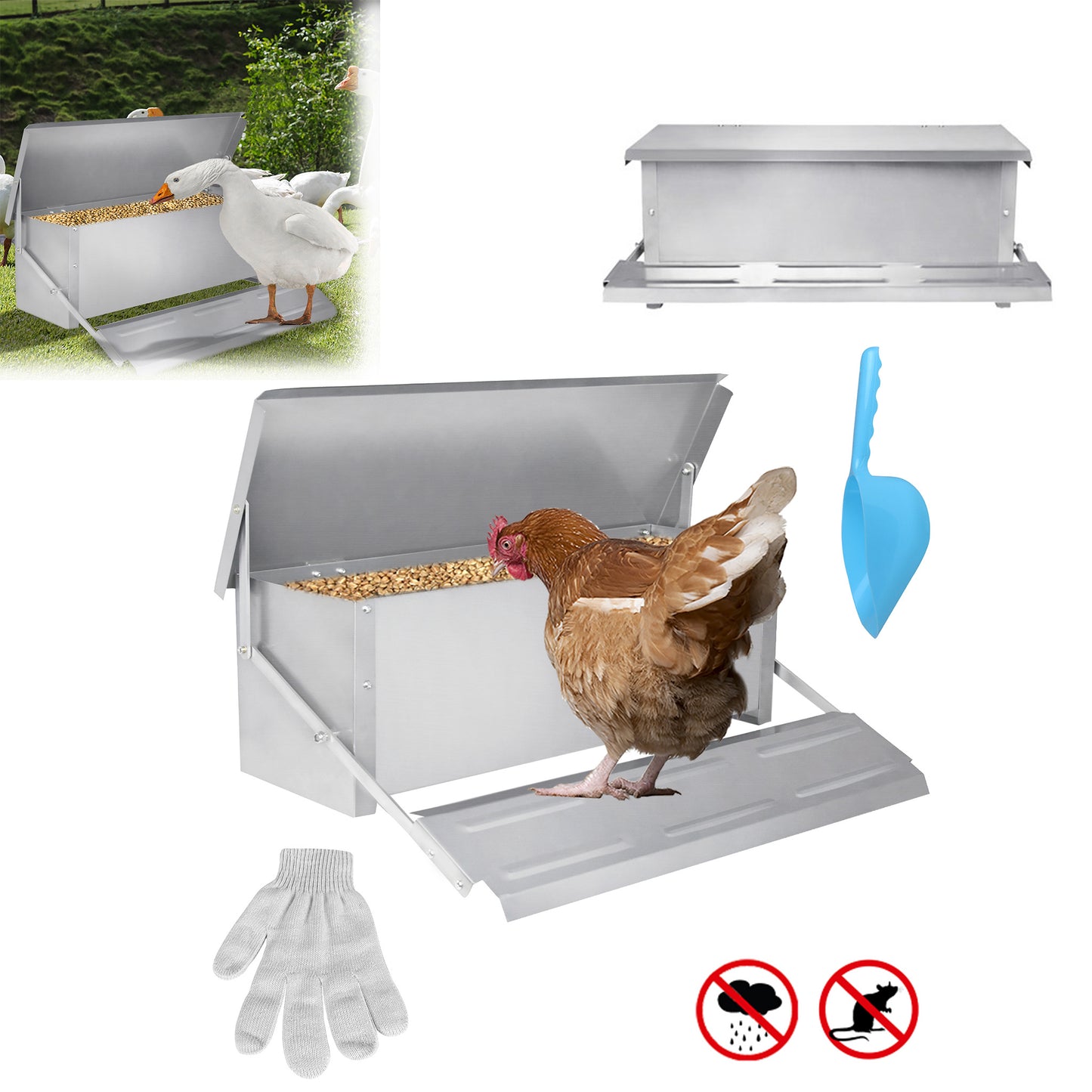 Kippenvoerautomaat – Kippenvoerbak – Voederbak – Pluimvee Voederautomaat – Voersilo – 5 kg Inhoud – Zelfopenend Pedaal – Waterdicht Gegalvaniseerd Staal