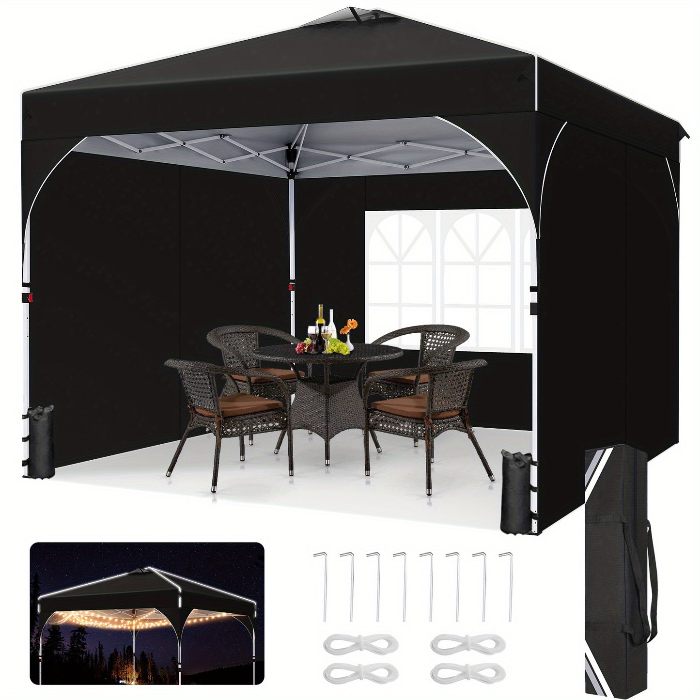Partytent – Paviljoen – Vouwtent – Easy-Up Tent – Opvouwbare Tent – 3x3 m – One-Button Bediening – Inclusief 4 Zandzakken en 3 Zijwanden - Zwart