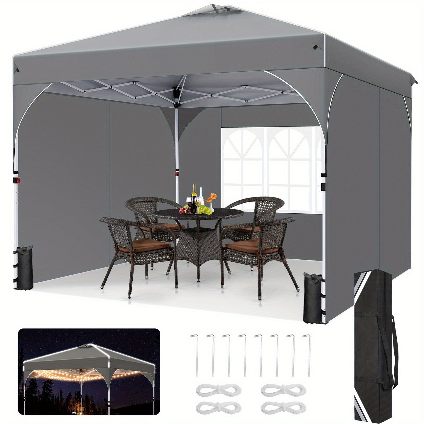 Partytent – Paviljoen – Easy Up Tent – Vouwtent – Feesttent – 3x3 Meter – One-Button Center – Inclusief 4 Zandzakken en 3 Zijwanden - Grijs
