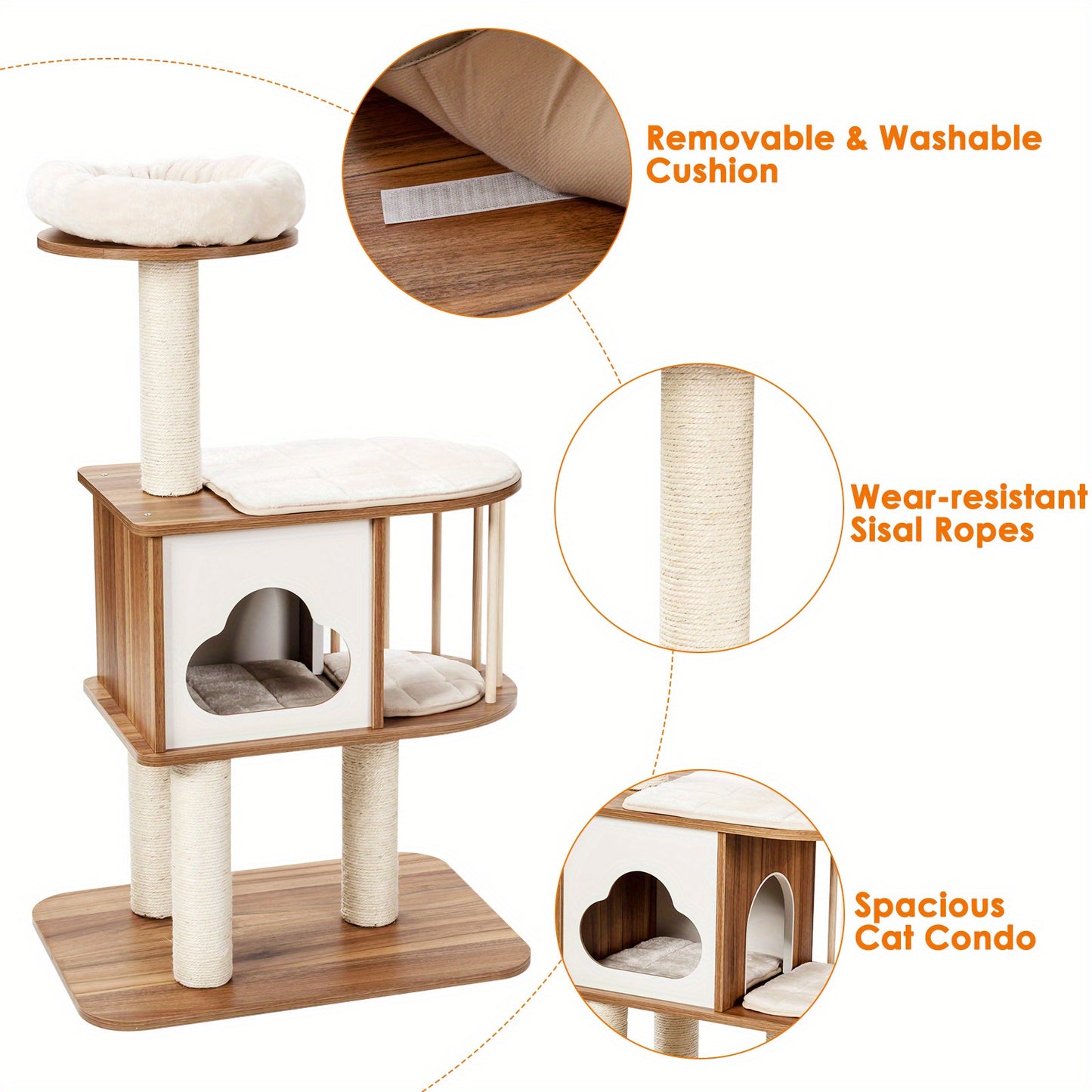 Houten Krabpaal – Kattenboom – Kattenhol – Klimmeubel – Krabpaal Kat – Wasbare Kussens – Stevig Hout – 117 cm Hoog