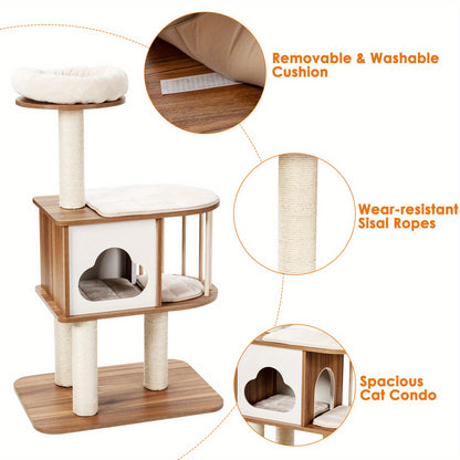 Houten Krabpaal – Kattenboom – Kattenhol – Klimmeubel – Krabpaal Kat – Wasbare Kussens – Stevig Hout – 117 cm Hoog