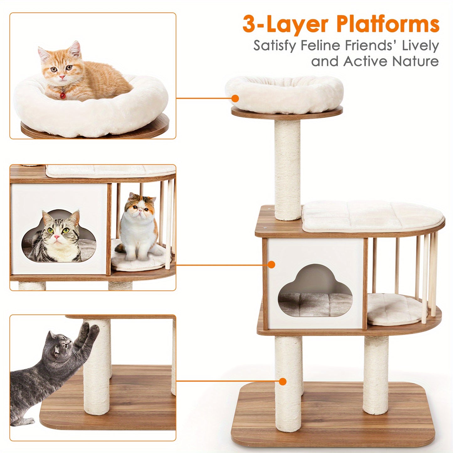 Houten Krabpaal – Kattenboom – Kattenhol – Klimmeubel – Krabpaal Kat – Wasbare Kussens – Stevig Hout – 117 cm Hoog