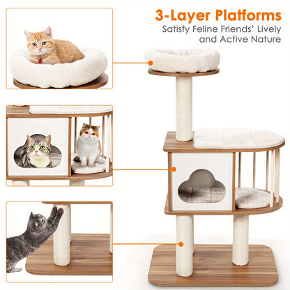 Houten Krabpaal – Kattenboom – Kattenhol – Klimmeubel – Krabpaal Kat – Wasbare Kussens – Stevig Hout – 117 cm Hoog