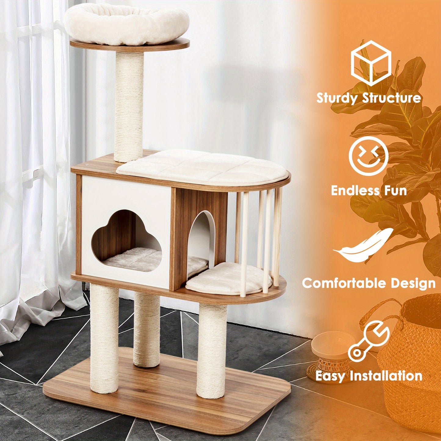 Houten Krabpaal – Kattenboom – Kattenhol – Klimmeubel – Krabpaal Kat – Wasbare Kussens – Stevig Hout – 117 cm Hoog