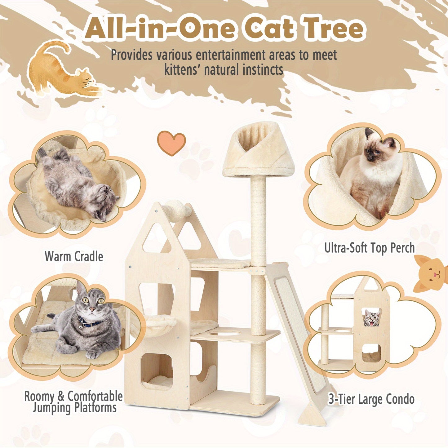 Krabpaal – Kattenboom – Klimpaal – Krabmeubel – Krabhoek – Beige Kattenkrabpaal – 155 cm Hoogte – Roterende Krabbal & Sisal Bekleding