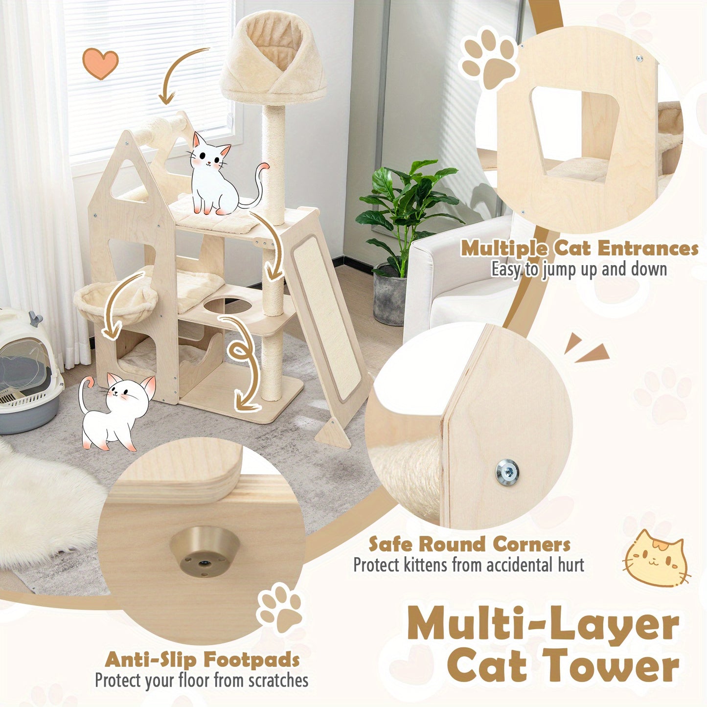 Krabpaal – Kattenboom – Klimpaal – Krabmeubel – Krabhoek – Beige Kattenkrabpaal – 155 cm Hoogte – Roterende Krabbal & Sisal Bekleding