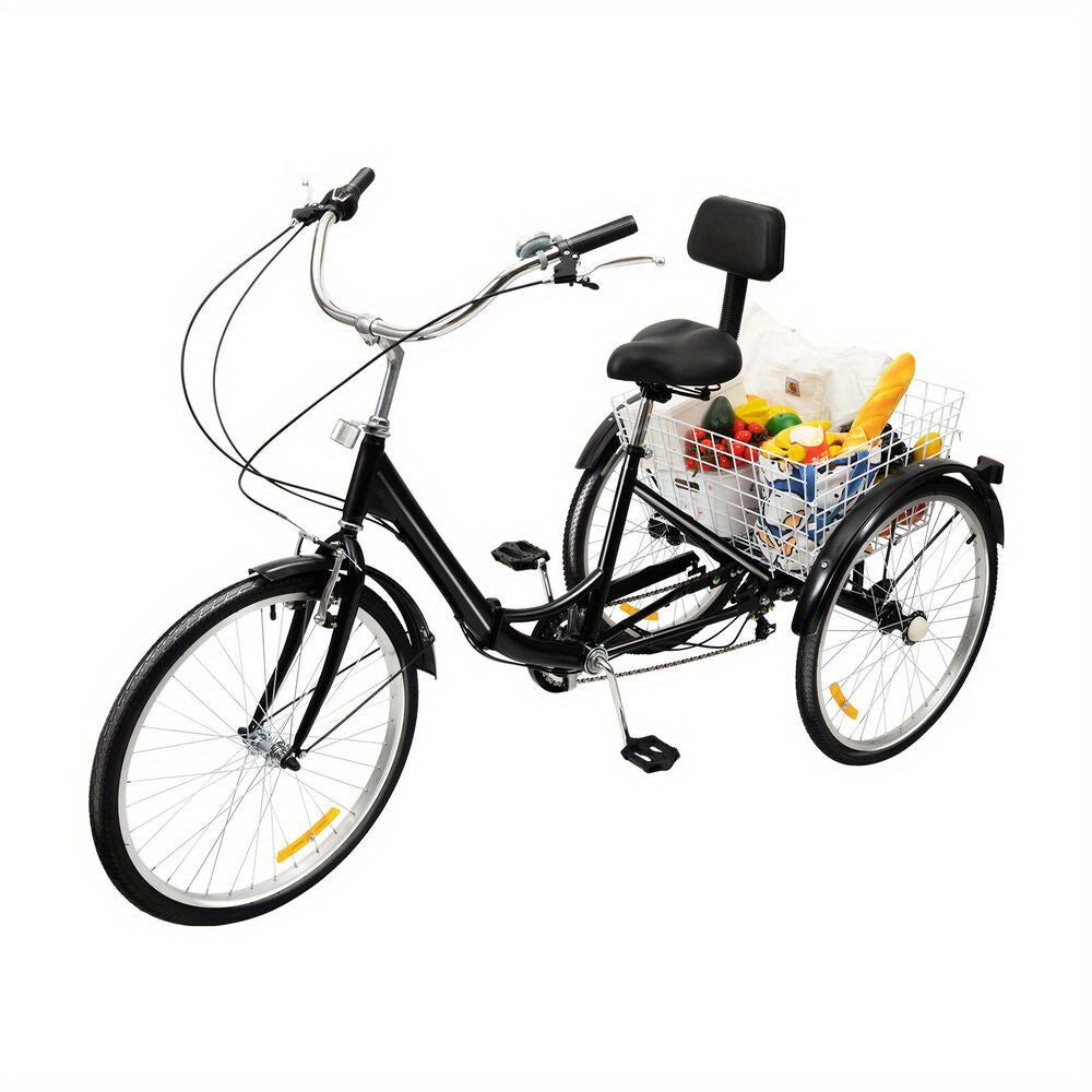 Driewieler Voor Volwassenen – Vouwfiets – Fiets Met Drie Wielen – Mobiliteitstricycle – Opvouwbare Driewieler – 24 Inch – Aluminium Frame – 7 Versnellingen – Inclusief Mand – Compact Opvouwbaar – Zwart
