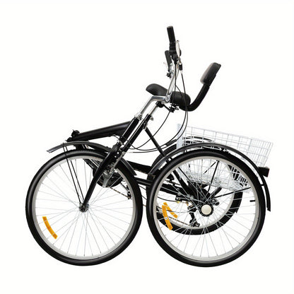 Driewieler Voor Volwassenen – Vouwfiets – Fiets Met Drie Wielen – Mobiliteitstricycle – Opvouwbare Driewieler – 24 Inch – Aluminium Frame – 7 Versnellingen – Inclusief Mand – Compact Opvouwbaar – Zwart