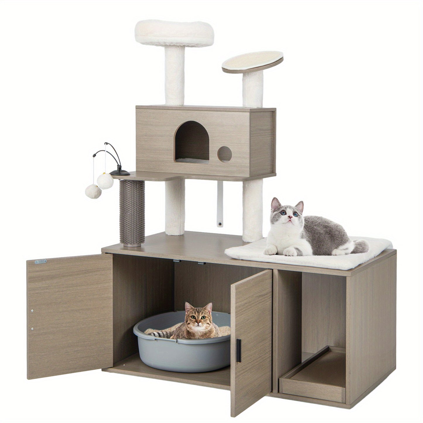 Krat Krabpaal Krabmeubel Kattenmeubel Kattenboom – 2-in-1 Krabpaal Met Kattenbak En Hol – Grijs – 95x55,5x132 cm – Duurzaam MDF Met Sisal