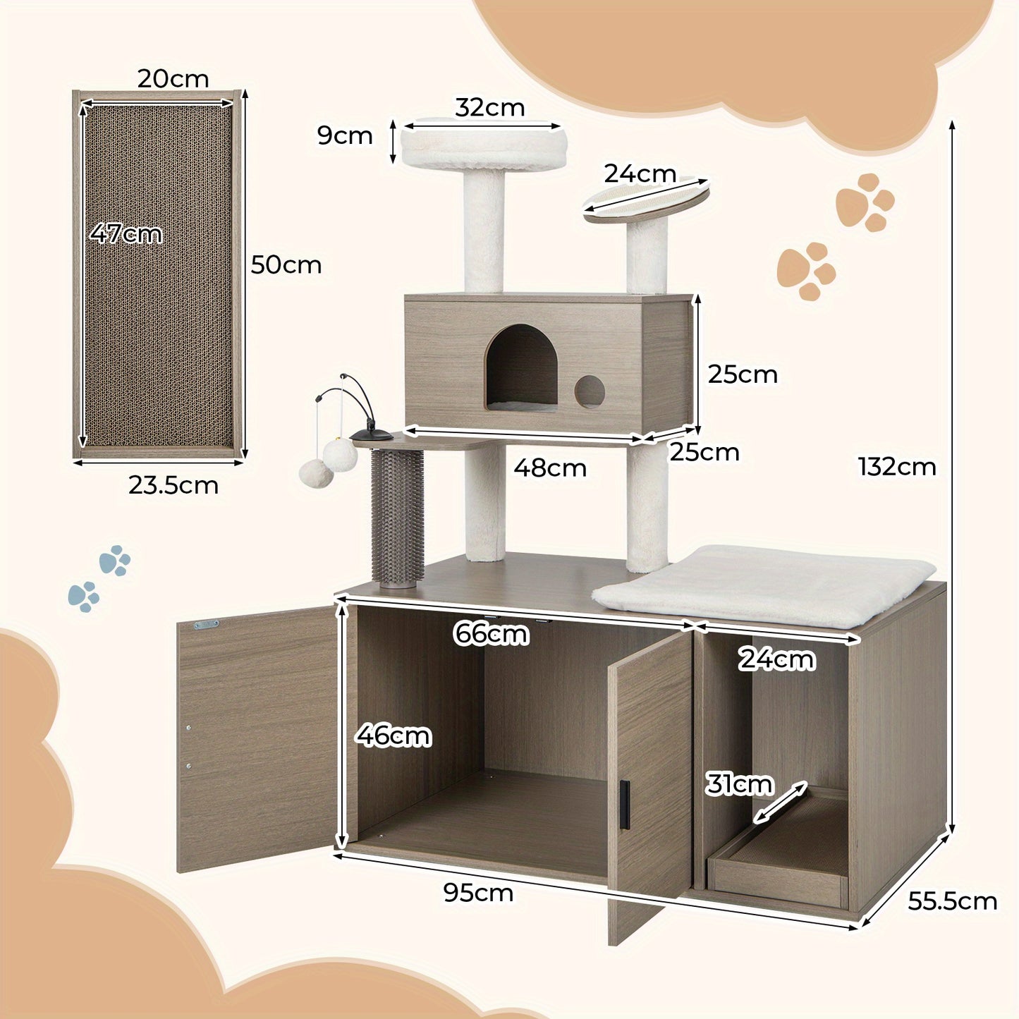 Krat Krabpaal Krabmeubel Kattenmeubel Kattenboom – 2-in-1 Krabpaal Met Kattenbak En Hol – Grijs – 95x55,5x132 cm – Duurzaam MDF Met Sisal