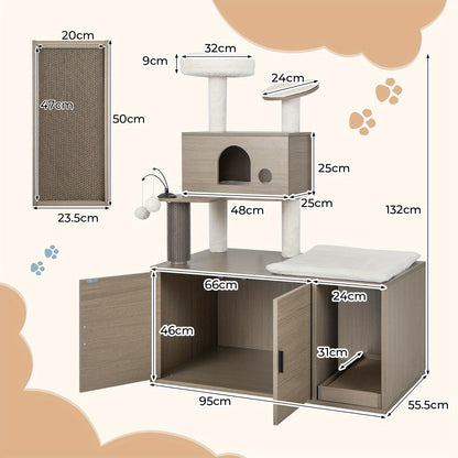 Krat Krabpaal Krabmeubel Kattenmeubel Kattenboom – 2-in-1 Krabpaal Met Kattenbak En Hol – Grijs – 95x55,5x132 cm – Duurzaam MDF Met Sisal