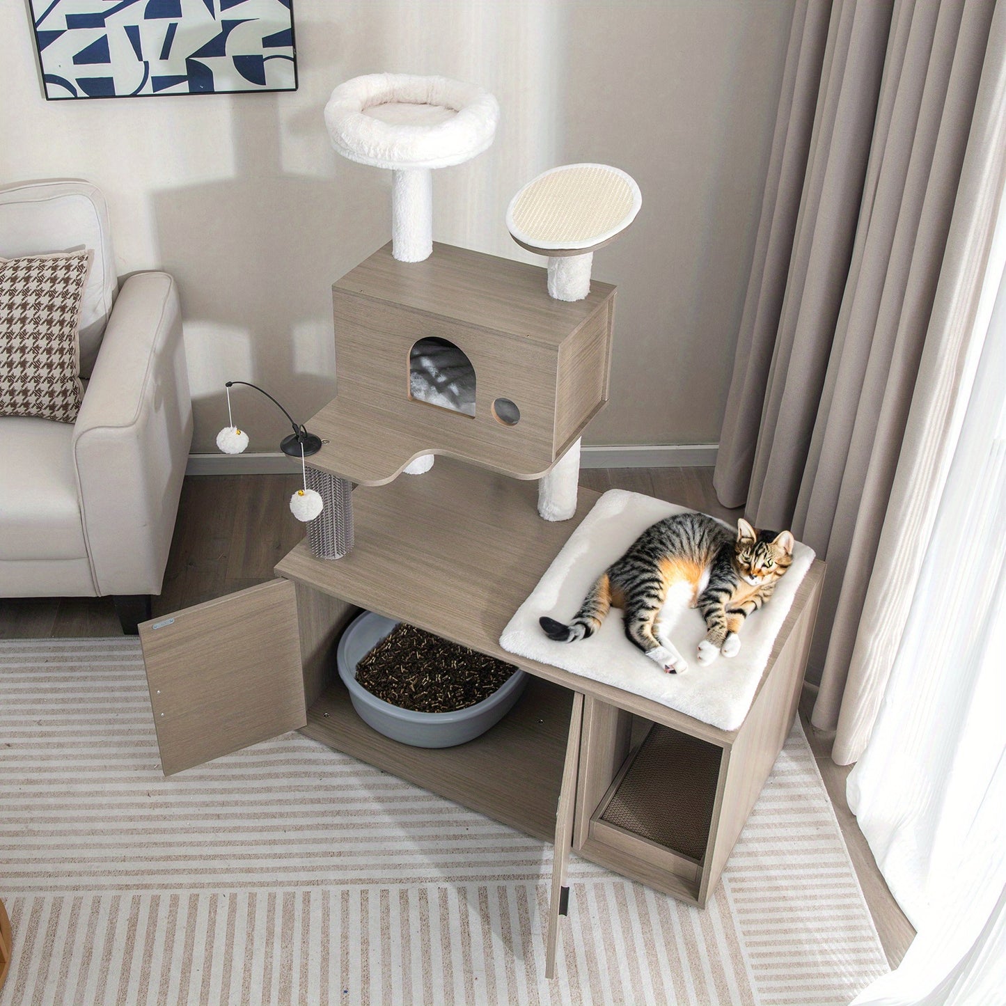 Krat Krabpaal Krabmeubel Kattenmeubel Kattenboom – 2-in-1 Krabpaal Met Kattenbak En Hol – Grijs – 95x55,5x132 cm – Duurzaam MDF Met Sisal