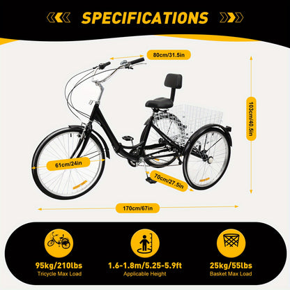 Driewieler Voor Volwassenen – Vouwfiets – Fiets Met Drie Wielen – Mobiliteitstricycle – Opvouwbare Driewieler – 24 Inch – Aluminium Frame – 7 Versnellingen – Inclusief Mand – Compact Opvouwbaar – Zwart