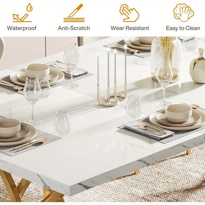 Eettafel – Tafel – Eetkamertafel – Keukentafel – Dinertafel – 160 cm – Faux Marmeren Blad – Geometrische Houten Poten