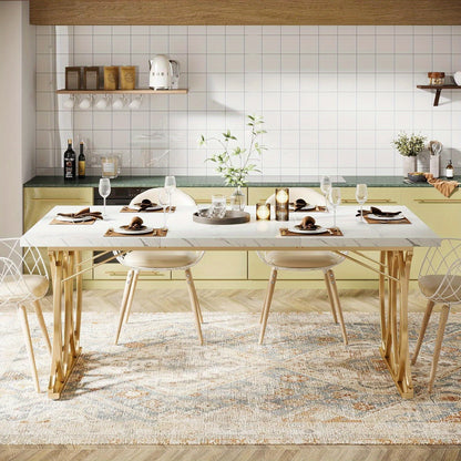 Eettafel – Tafel – Eetkamertafel – Keukentafel – Dinertafel – 160 cm – Faux Marmeren Blad – Geometrische Houten Poten