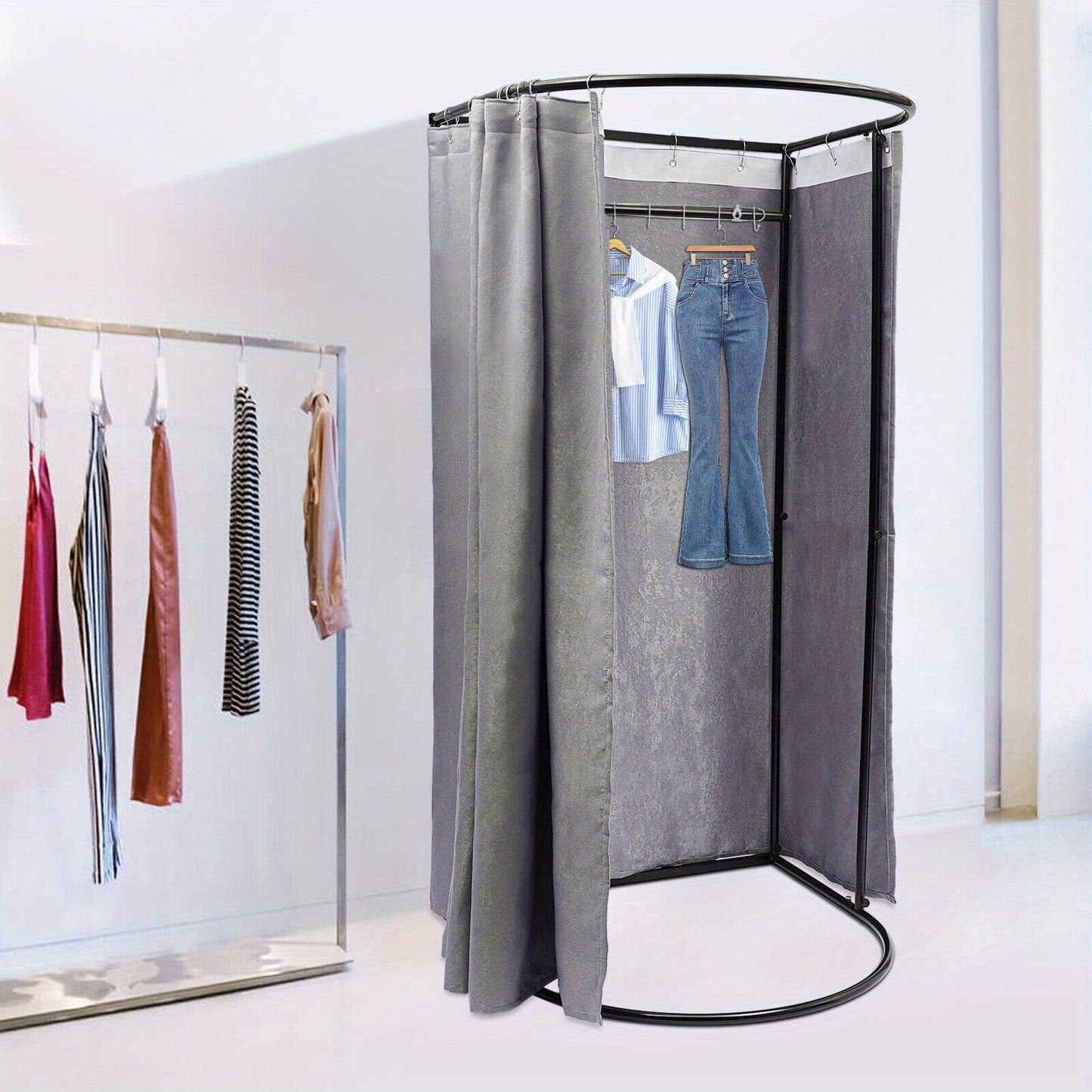 Kledingpaskamer – Kleedruimte – Paskamer – Omkleedruimte – Omkleedcabine – 2-Persoons Capaciteit – Stevig Metalen Frame – Privacy Gordijn – Compact En Eenvoudig In Te Klappen – Grijs