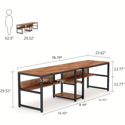 Bureautafel – Bureau – Computerbureau – Computertafel – Werkplek – Dubbel bureau voor twee personen – Hout – Ingebouwde boekenplank - Bruin