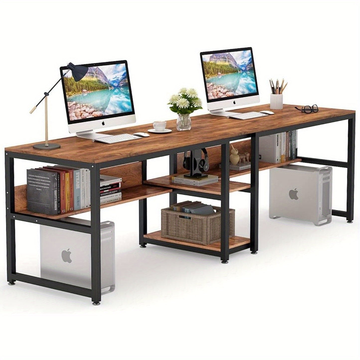 Bureautafel – Bureau – Computerbureau – Computertafel – Werkplek – Dubbel bureau voor twee personen – Hout – Ingebouwde boekenplank - Bruin