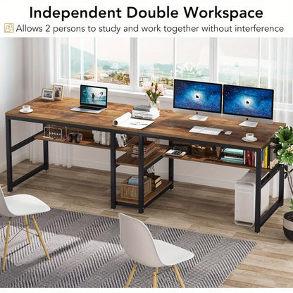 Bureautafel – Bureau – Computerbureau – Computertafel – Werkplek – Dubbel bureau voor twee personen – Hout – Ingebouwde boekenplank - Bruin