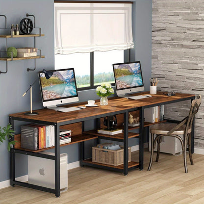 Bureautafel – Bureau – Computerbureau – Computertafel – Werkplek – Dubbel bureau voor twee personen – Hout – Ingebouwde boekenplank - Bruin