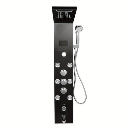 Douchepaneel – Douchekolom – Regendouche – Massage Jets – Handdouche – Zwart RVS – 114 cm Hoog – Multifunctioneel Met Waterval & LCD Temperatuurweergave