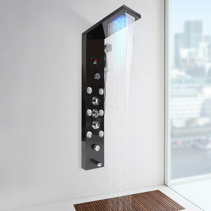 Douchepaneel – Douchekolom – Regendouche – Massage Jets – Handdouche – Zwart RVS – 114 cm Hoog – Multifunctioneel Met Waterval & LCD Temperatuurweergave
