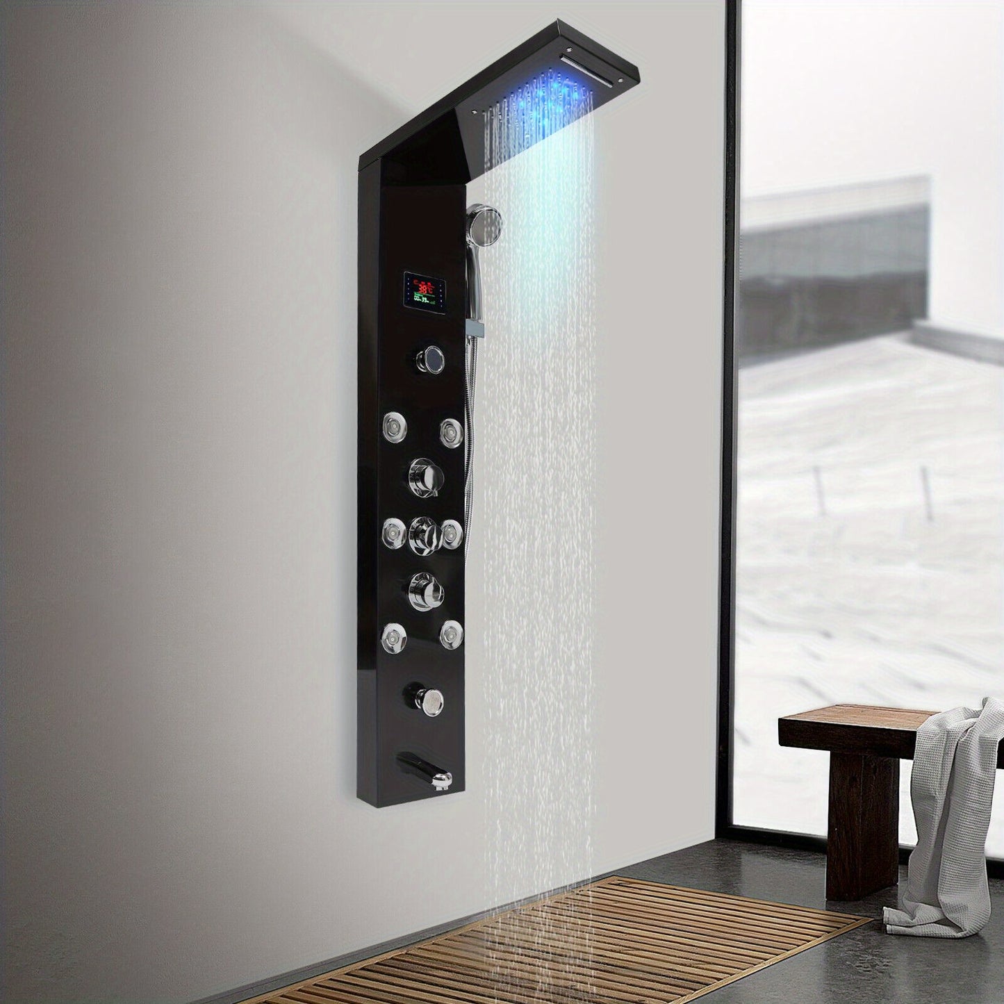 Douchepaneel – Douchekolom – Regendouche – Massage Jets – Handdouche – Zwart RVS – 114 cm Hoog – Multifunctioneel Met Waterval & LCD Temperatuurweergave