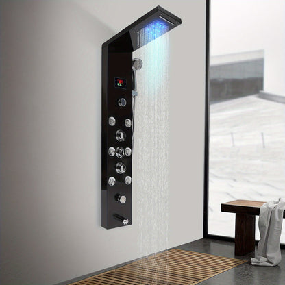 Douchepaneel – Douchekolom – Regendouche – Massage Jets – Handdouche – Zwart RVS – 114 cm Hoog – Multifunctioneel Met Waterval & LCD Temperatuurweergave