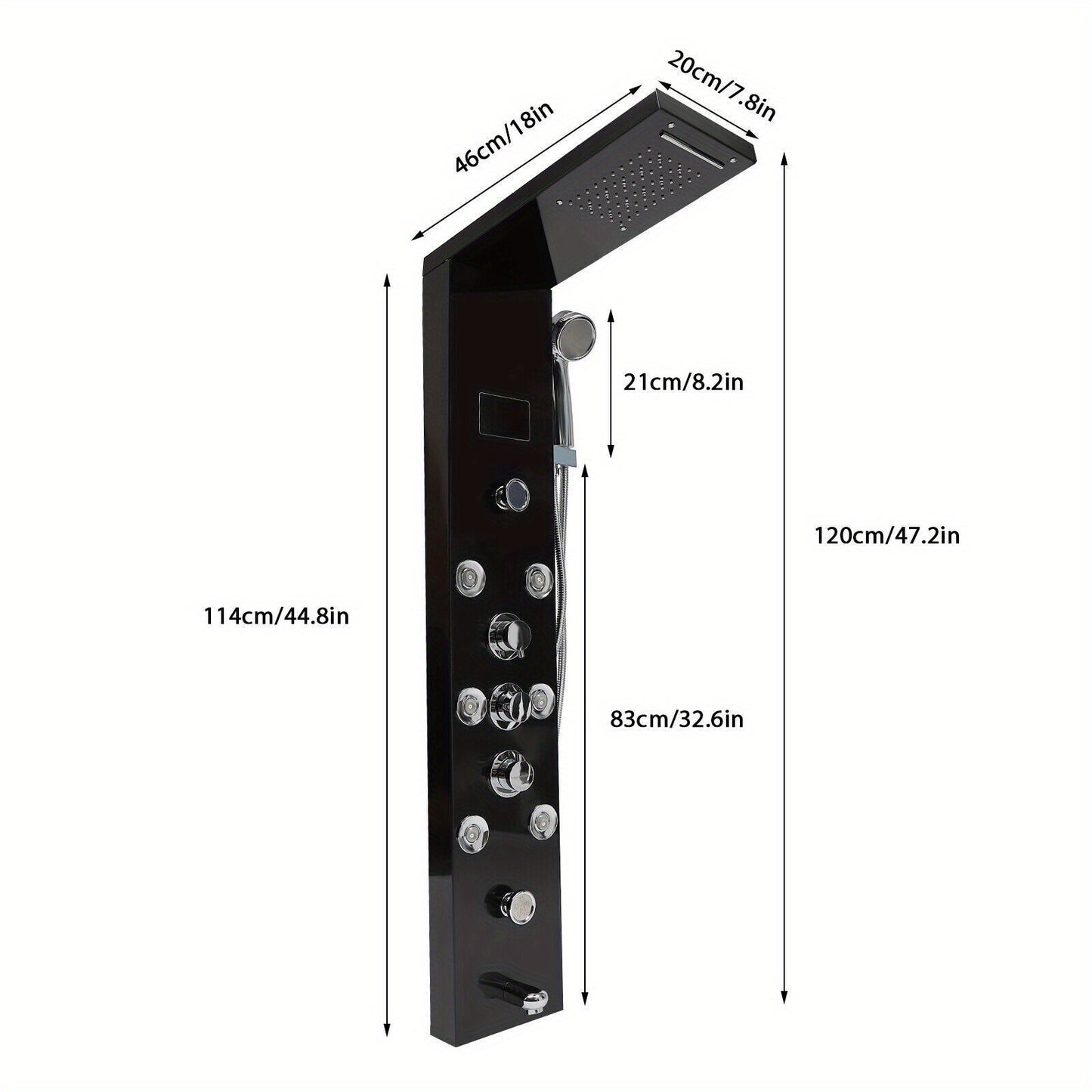 Douchepaneel – Douchekolom – Regendouche – Massage Jets – Handdouche – Zwart RVS – 114 cm Hoog – Multifunctioneel Met Waterval & LCD Temperatuurweergave