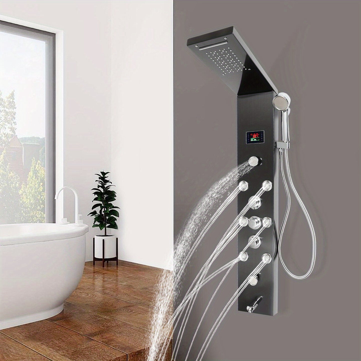 Douchepaneel – Douchekolom – Regendouche – Massage Jets – Handdouche – Zwart RVS – 114 cm Hoog – Multifunctioneel Met Waterval & LCD Temperatuurweergave