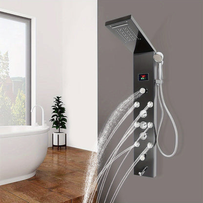 Douchepaneel – Douchekolom – Regendouche – Massage Jets – Handdouche – Zwart RVS – 114 cm Hoog – Multifunctioneel Met Waterval & LCD Temperatuurweergave