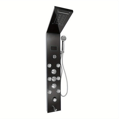 Douchepaneel – Douchekolom – Regendouche – Massage Jets – Handdouche – Zwart RVS – 114 cm Hoog – Multifunctioneel Met Waterval & LCD Temperatuurweergave