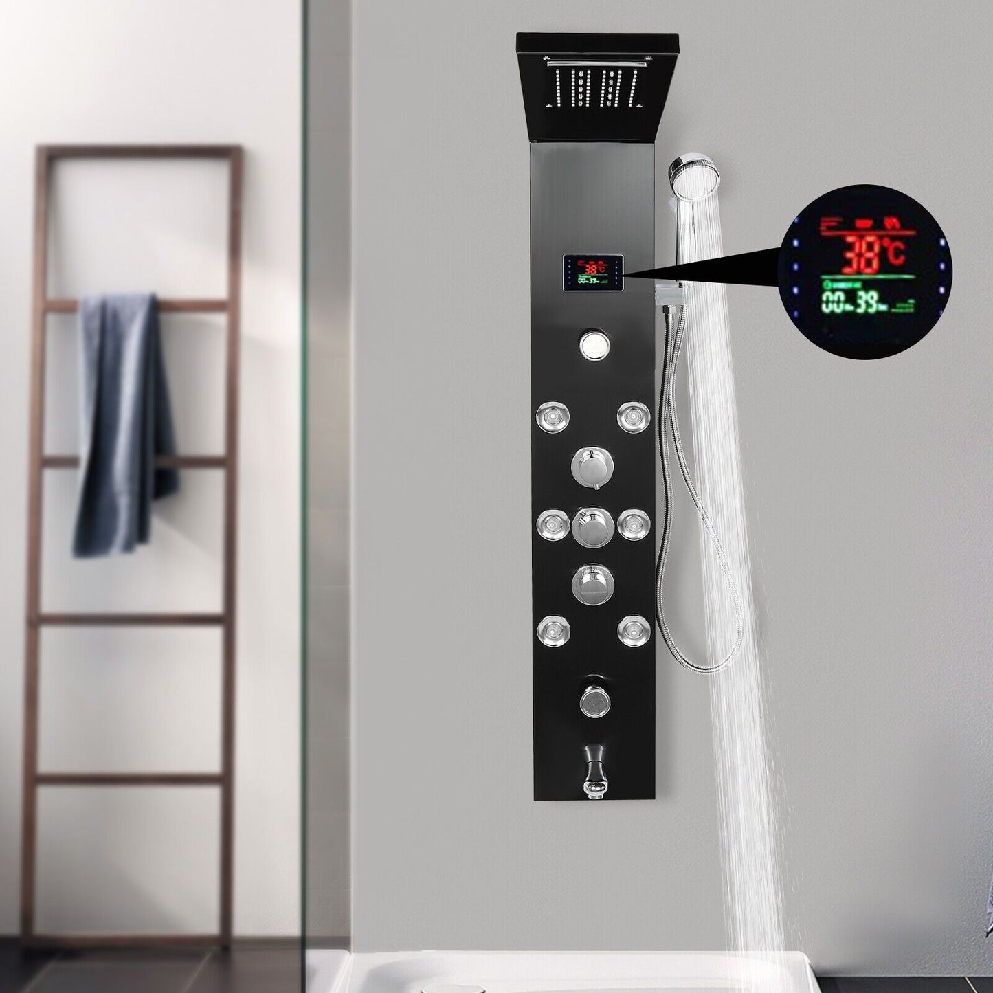 Douchepaneel – Douchekolom – Regendouche – Massage Jets – Handdouche – Zwart RVS – 114 cm Hoog – Multifunctioneel Met Waterval & LCD Temperatuurweergave