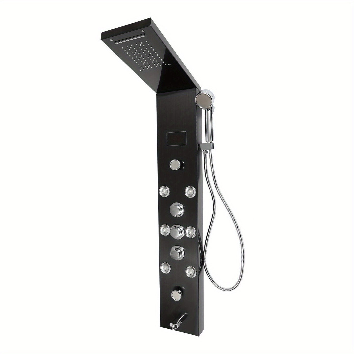 Douchepaneel – Douchekolom – Regendouche – Massage Jets – Handdouche – Zwart RVS – 114 cm Hoog – Multifunctioneel Met Waterval & LCD Temperatuurweergave