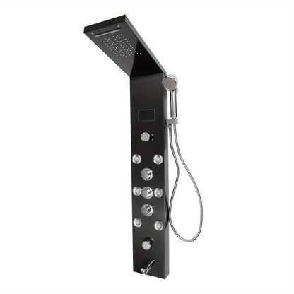 Douchepaneel – Douchekolom – Regendouche – Massage Jets – Handdouche – Zwart RVS – 114 cm Hoog – Multifunctioneel Met Waterval & LCD Temperatuurweergave