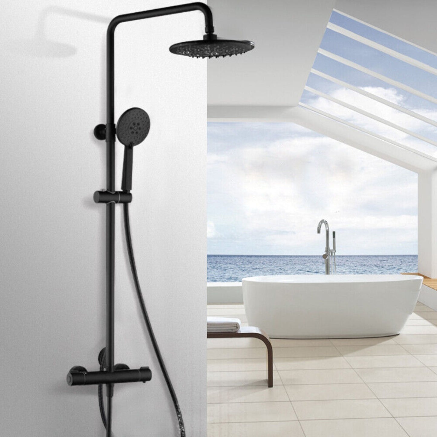 Doucheset – Regendouche – Douchekraan – Handdouche – Douchekop – Mat Zwart – Thermostaatkraan Met Veilige Temperatuur – Verstelbare Doucherail 83-122 cm