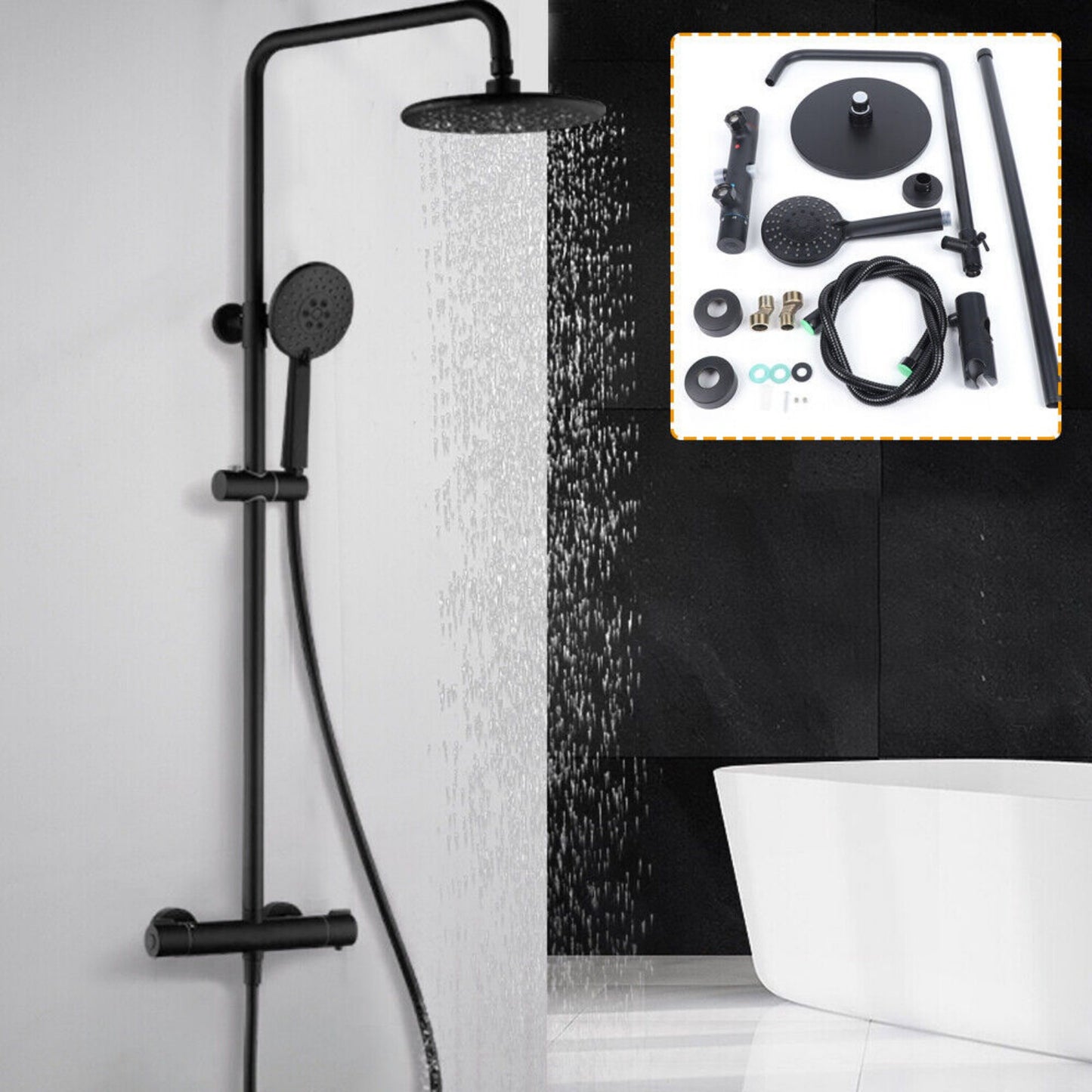 Doucheset – Regendouche – Douchekraan – Handdouche – Douchekop – Mat Zwart – Thermostaatkraan Met Veilige Temperatuur – Verstelbare Doucherail 83-122 cm