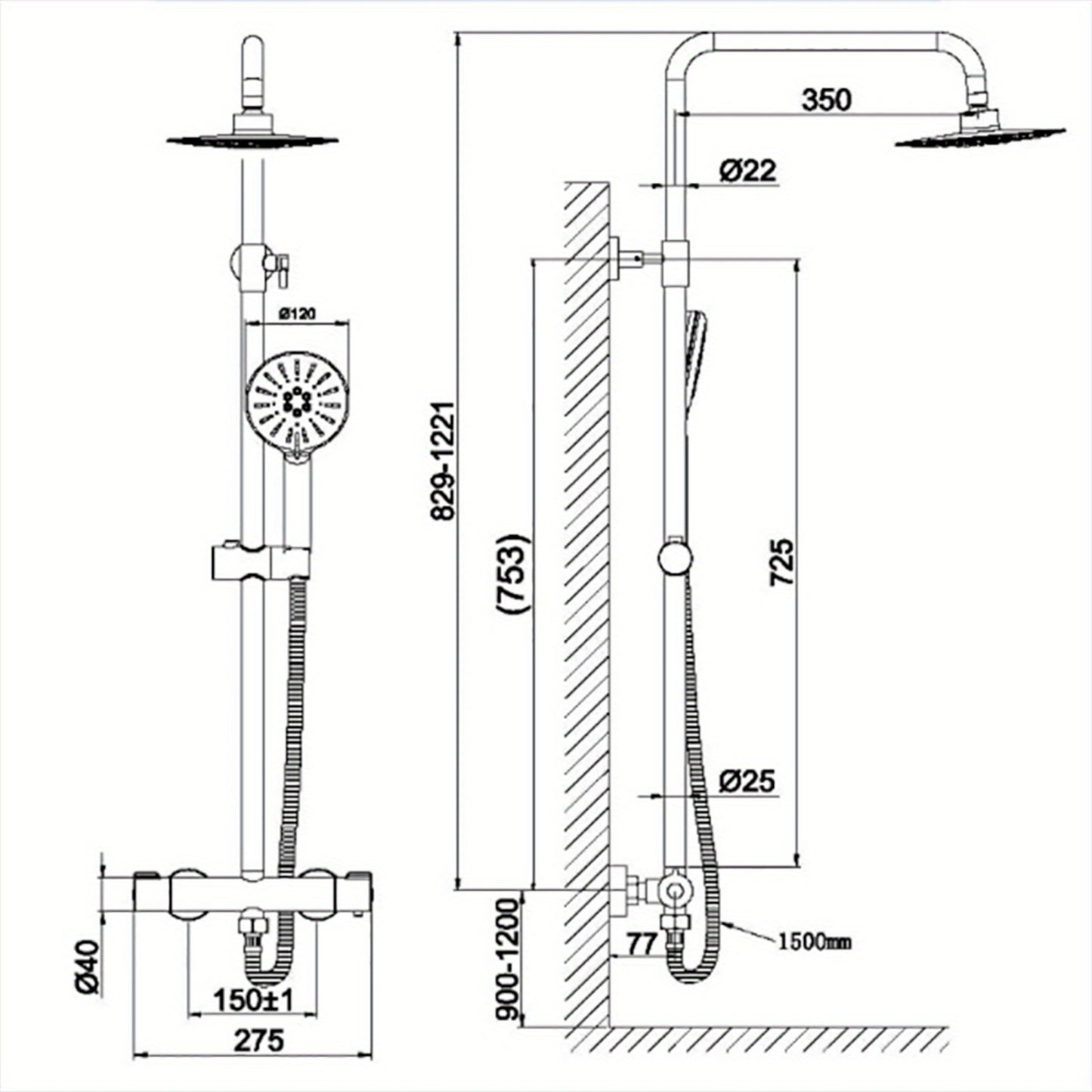 Doucheset – Regendouche – Douchekraan – Handdouche – Douchekop – Mat Zwart – Thermostaatkraan Met Veilige Temperatuur – Verstelbare Doucherail 83-122 cm