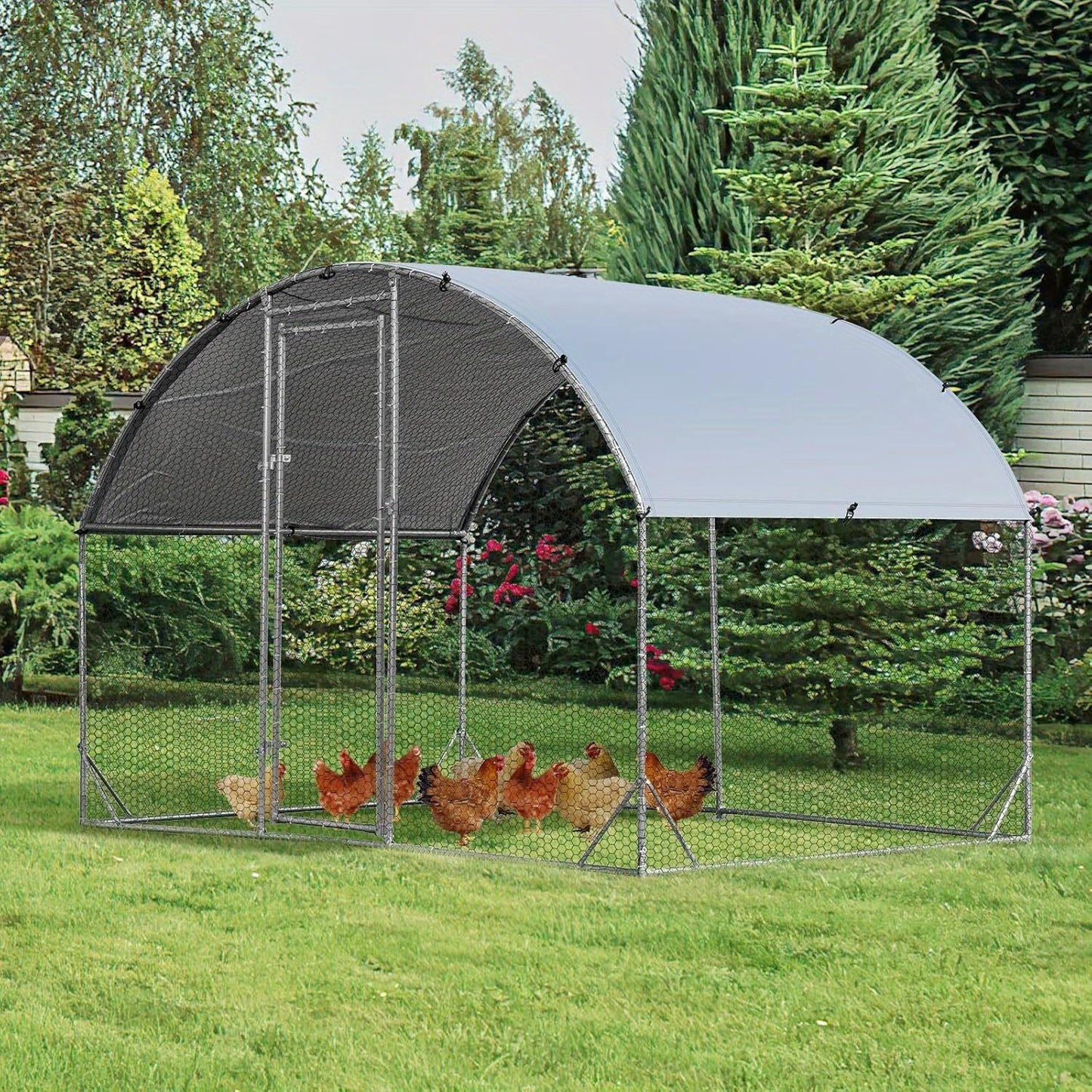Kippenren – Kipren – Dierenren – Hokken – Buitenren – Verzinkt Stalen Frame – Domevormig Dak – Afsluitbare Deur – Winterbestendig – 190x280x195 cm – Zilver
