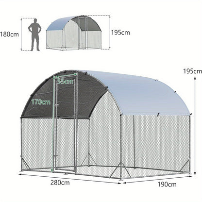 Kippenren – Kipren – Dierenren – Hokken – Buitenren – Verzinkt Stalen Frame – Domevormig Dak – Afsluitbare Deur – Winterbestendig – 190x280x195 cm – Zilver