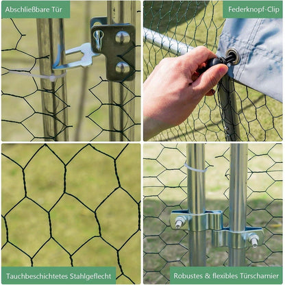 Kippenren – Kipren – Dierenren – Hokken – Buitenren – Verzinkt Stalen Frame – Domevormig Dak – Afsluitbare Deur – Winterbestendig – 190x280x195 cm – Zilver