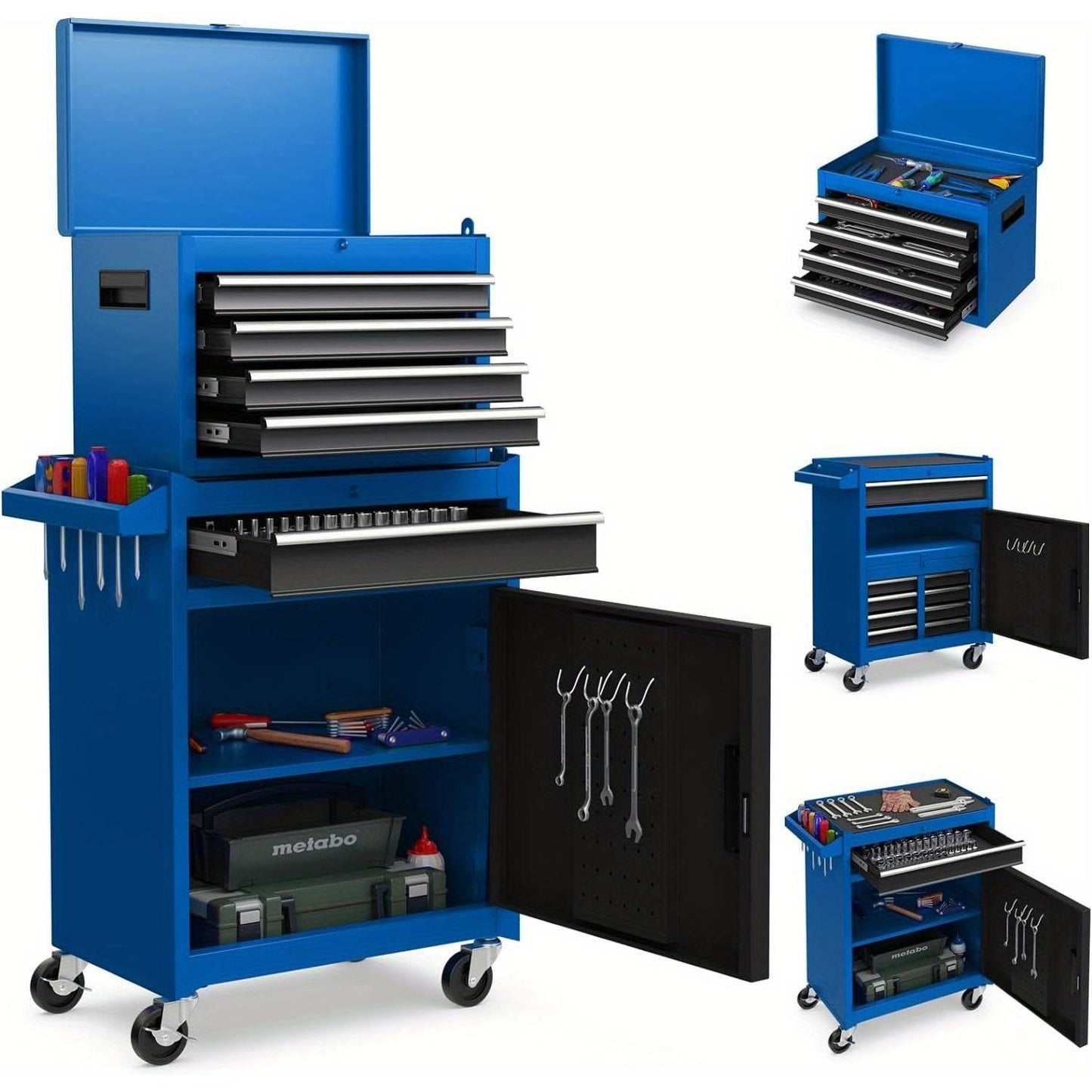 Industriële Werkplaatswagen – Gereedschapswagen – Tool Cabinet – Mobiele Werkbank – Garage Organizer – 5 Laden + Open Plank – Vergrendelbare Wielen – Verstelbare Vakverdeling – Blauw – Stevige Metalen Constructie – Grote Capaciteit (59x28x102 cm)