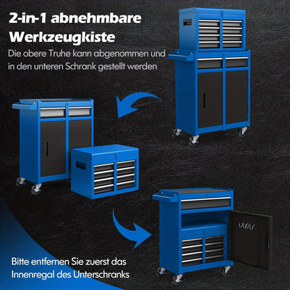 Industriële Werkplaatswagen – Gereedschapswagen – Tool Cabinet – Mobiele Werkbank – Garage Organizer – 5 Laden + Open Plank – Vergrendelbare Wielen – Verstelbare Vakverdeling – Blauw – Stevige Metalen Constructie – Grote Capaciteit (59x28x102 cm)