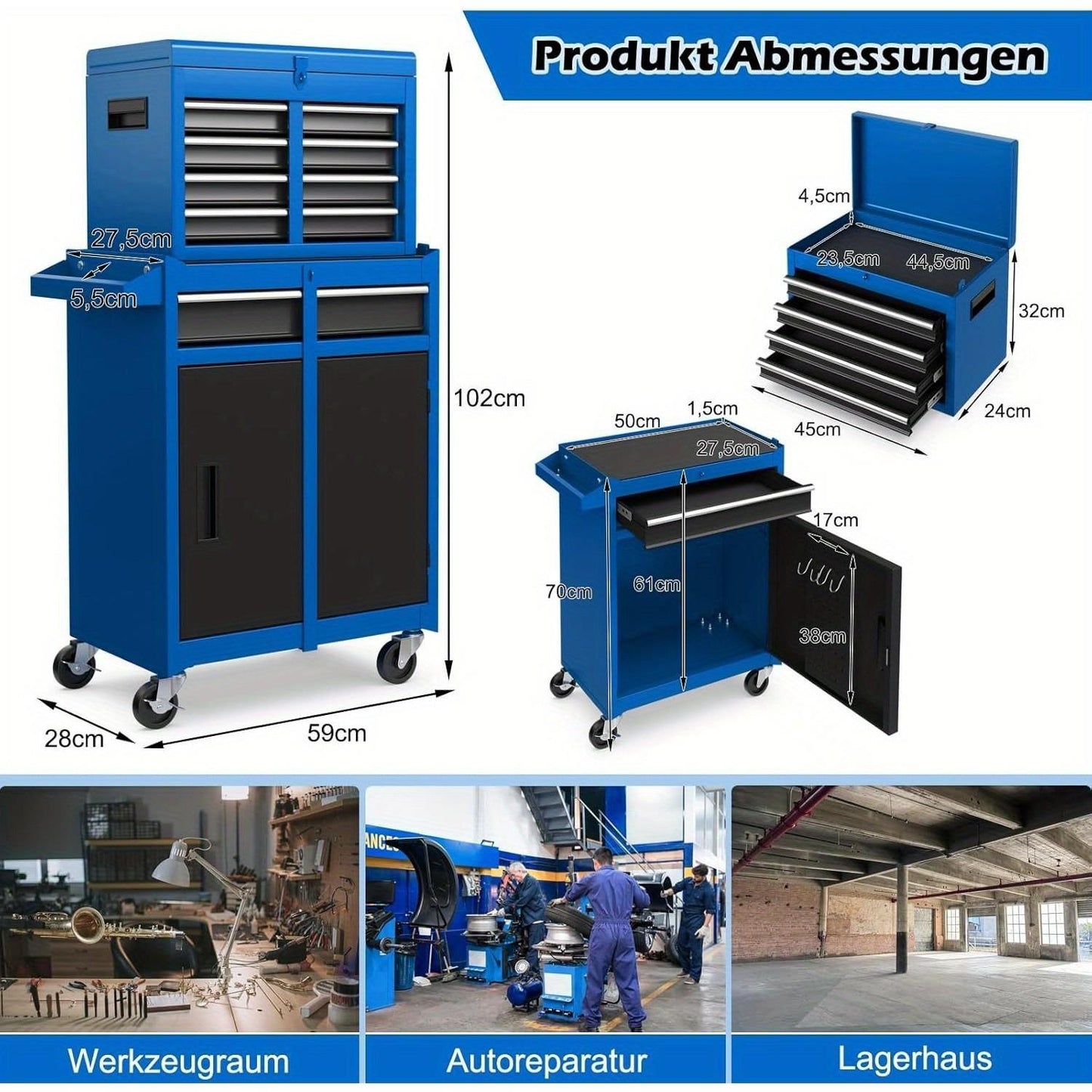 Industriële Werkplaatswagen – Gereedschapswagen – Tool Cabinet – Mobiele Werkbank – Garage Organizer – 5 Laden + Open Plank – Vergrendelbare Wielen – Verstelbare Vakverdeling – Blauw – Stevige Metalen Constructie – Grote Capaciteit (59x28x102 cm)
